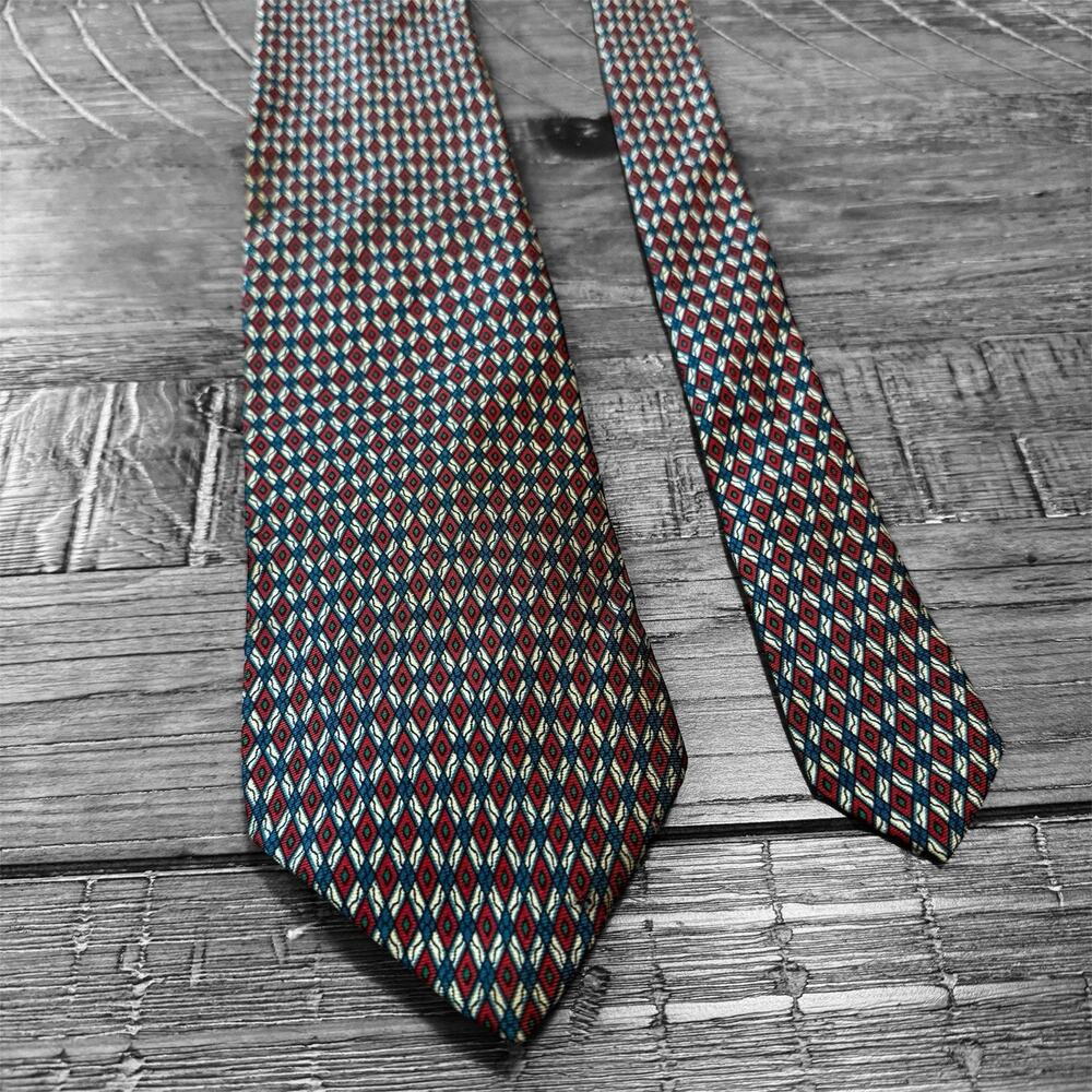 Leonardo Strelli Tie Rack Silk Necktie Red Blue Medallion Italy Classic 58"x3.5”